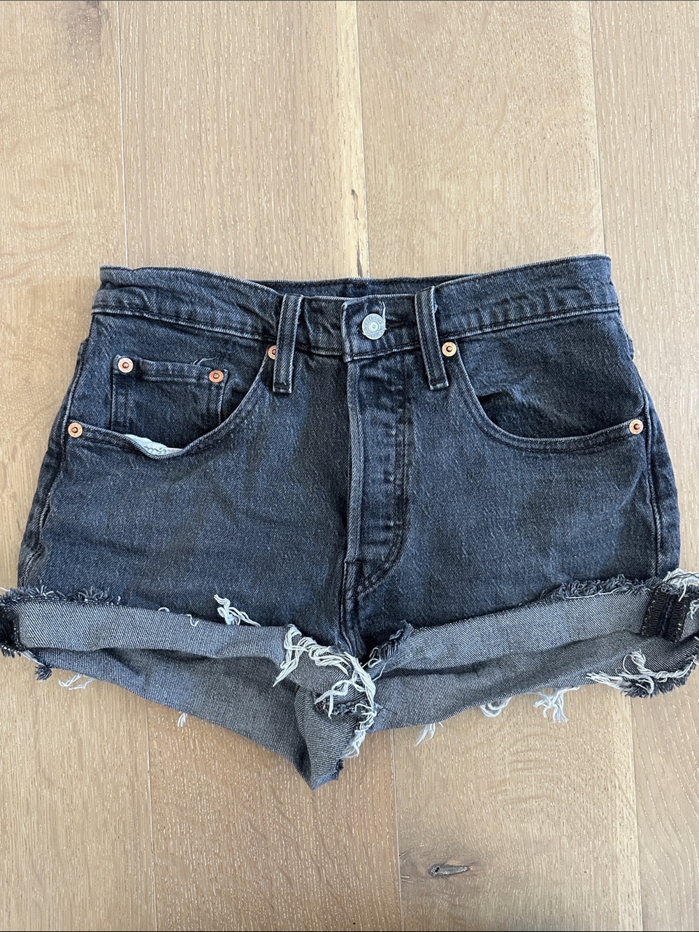 Levi's 501 Black Denim Shorts Button Fly Frayed Hem W26